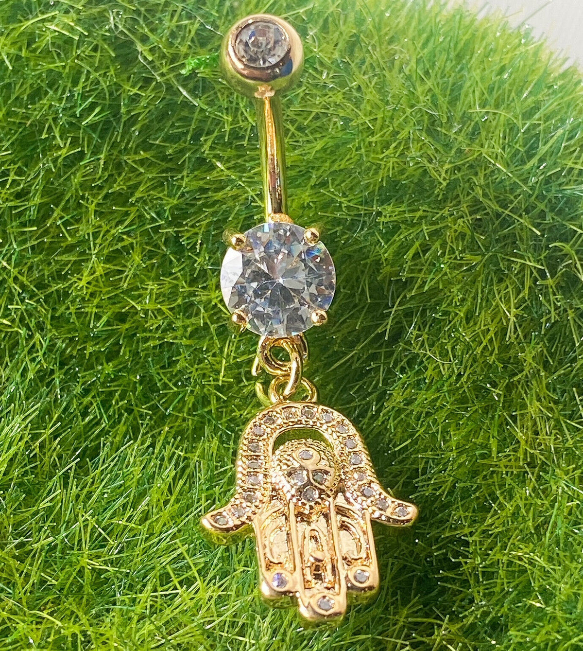 14kt Gold Plated Hamsa Belly Ring CZ Gem Paved Dangle Navel Piercing Naval