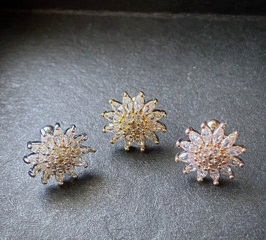 1pc CZ Gem Paved Flower Surgical Steel Tragus Cartilage Barbell Ring 16g 1/4"