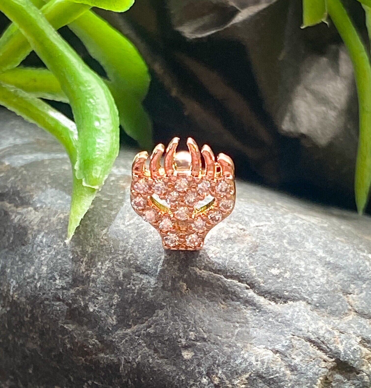 1pc CZ Gem Paved Flaming Skull Tragus Helix Cartilage Barbell Ring 16g 1/4" (Color: Rose Gold)
