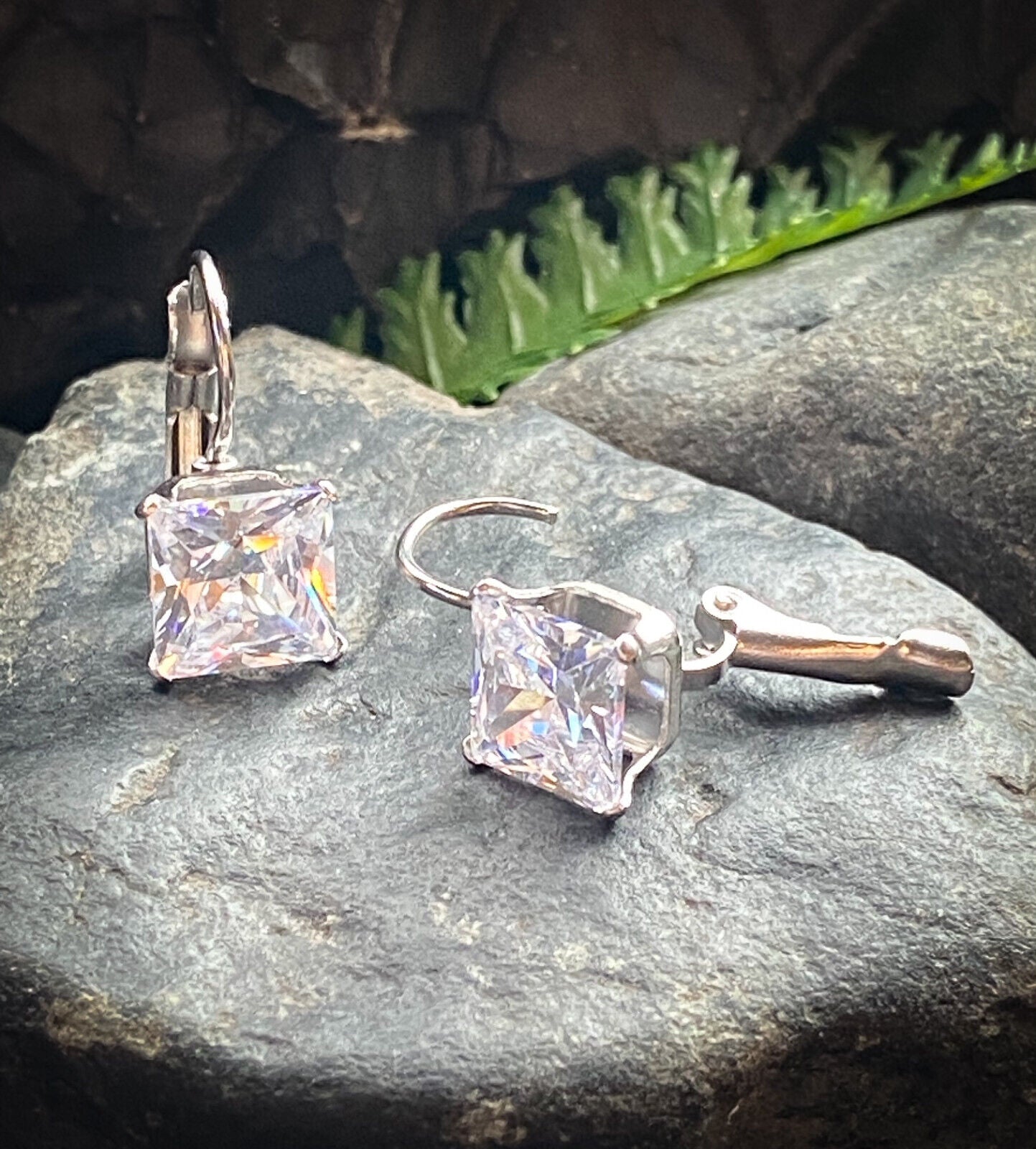 PAIR of Square CZ Gem Earrings w/ Lever Back 20g 316L Stainless Steel (Color: Clear)