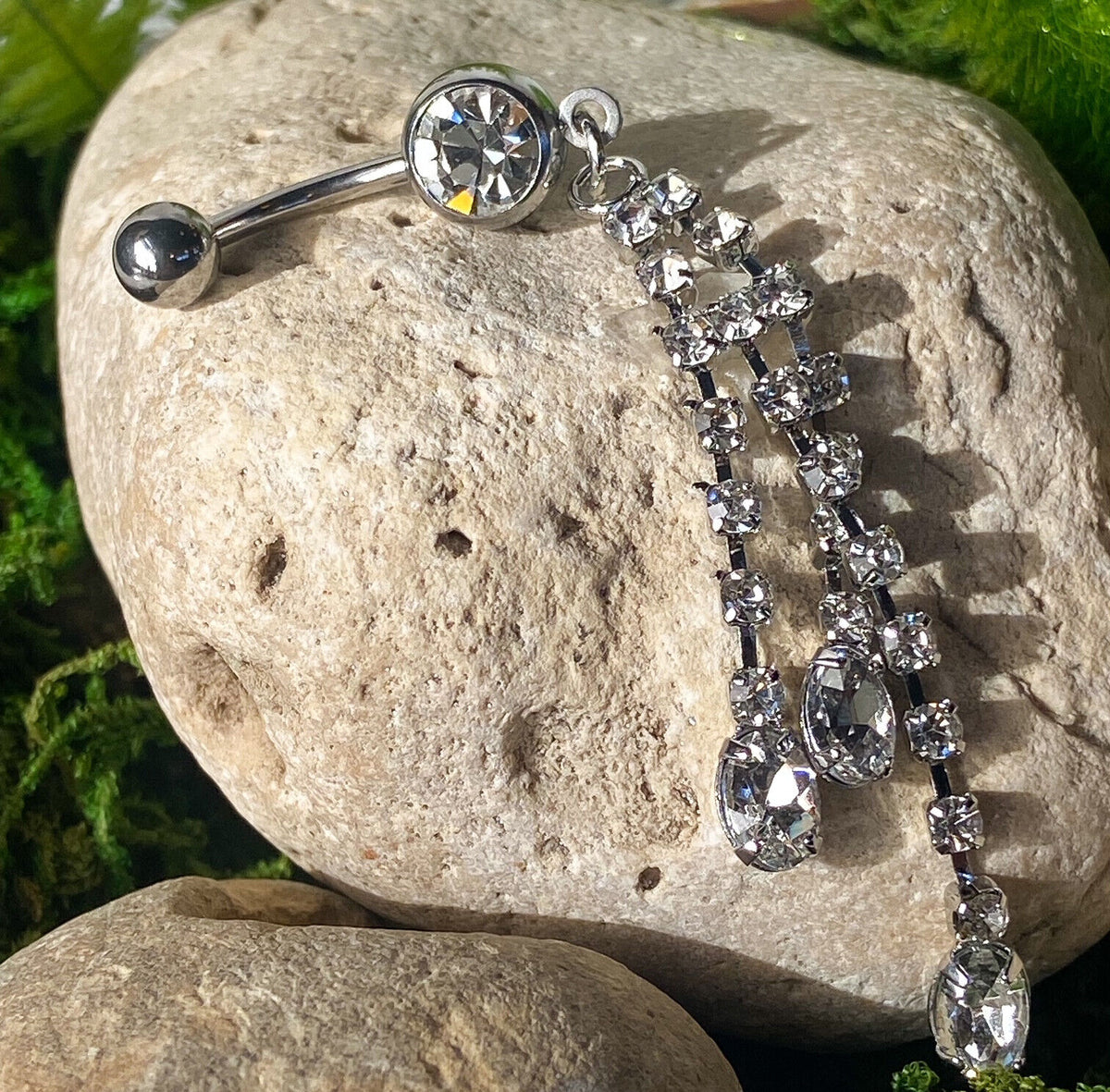 Triple Chain Dangle Clear Gem Belly Ring Navel Piercing Pierced Naval Jewelry