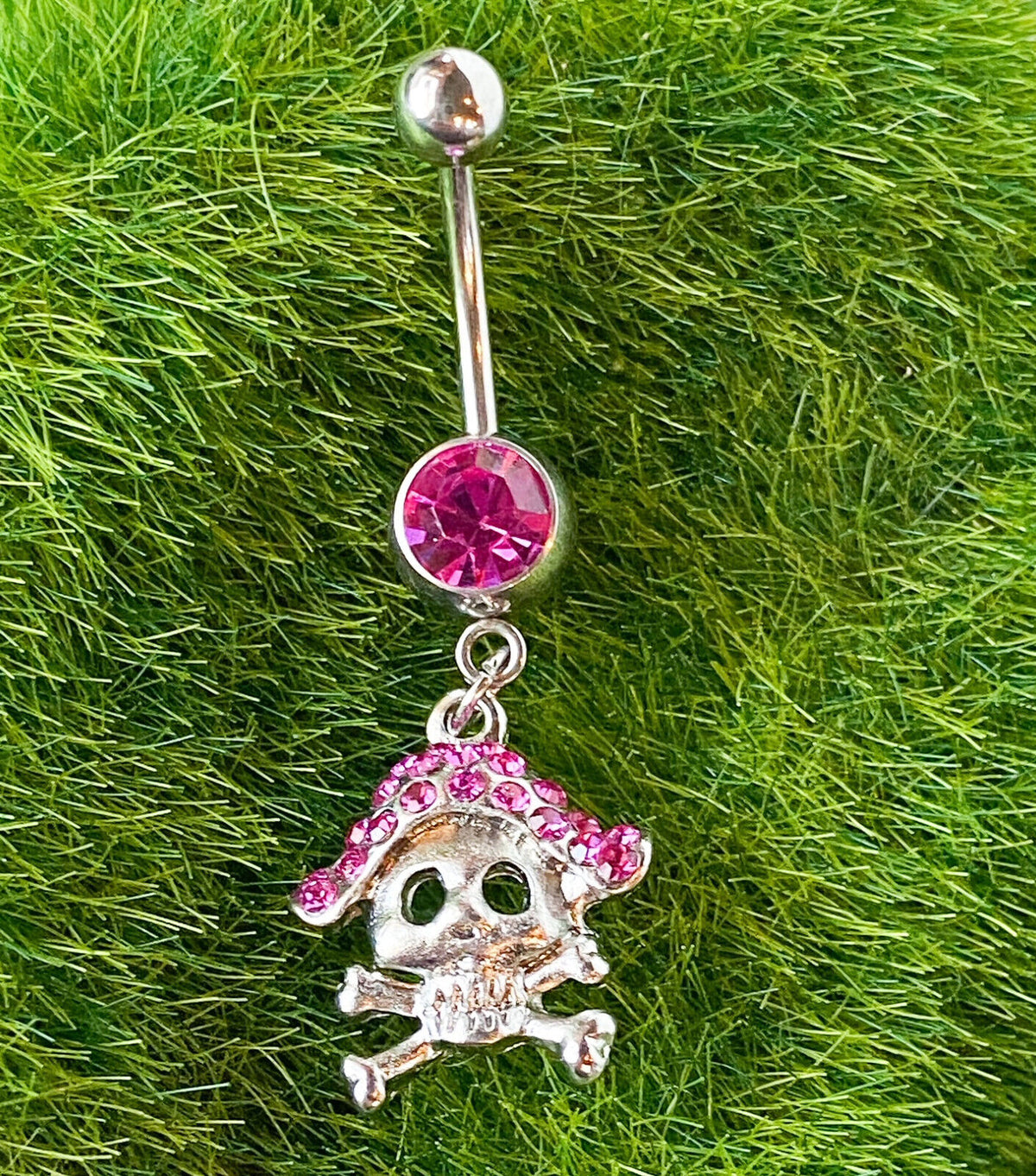 Pirate Skull & Crossbones Pink Gem Belly Ring Navel Piercing Pierced Naval