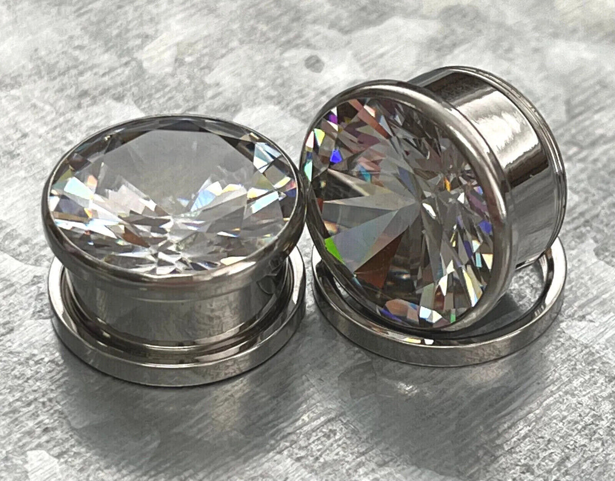 PAIR Large Gem Screw Fit Tunnels Ear Plugs Gauges Pierced Piercing Body Jewelry