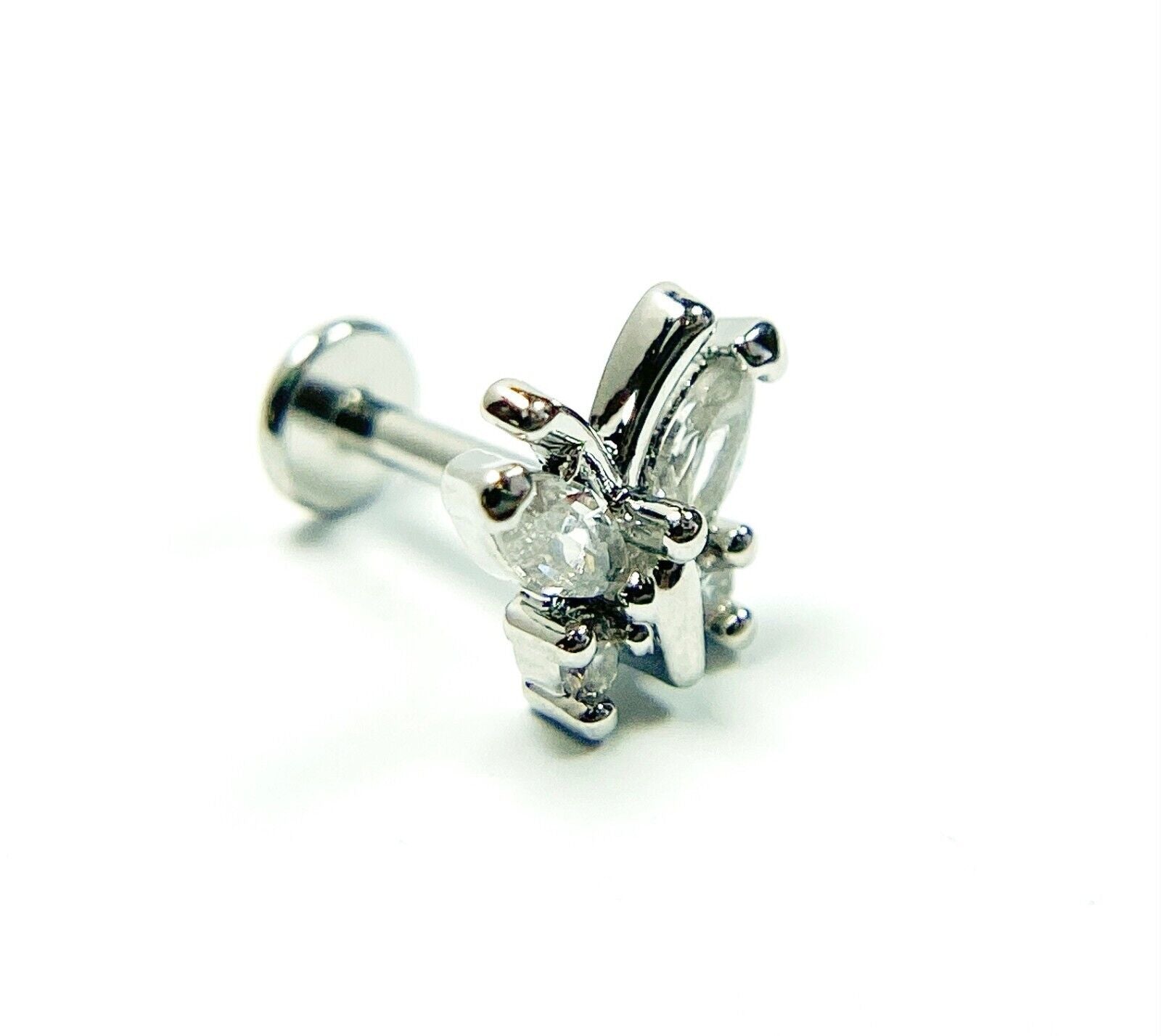 1pc CZ Gems Butterfly 16g Labret Internally Threaded Steel Monroe Tragus Helix (Color: Silver)