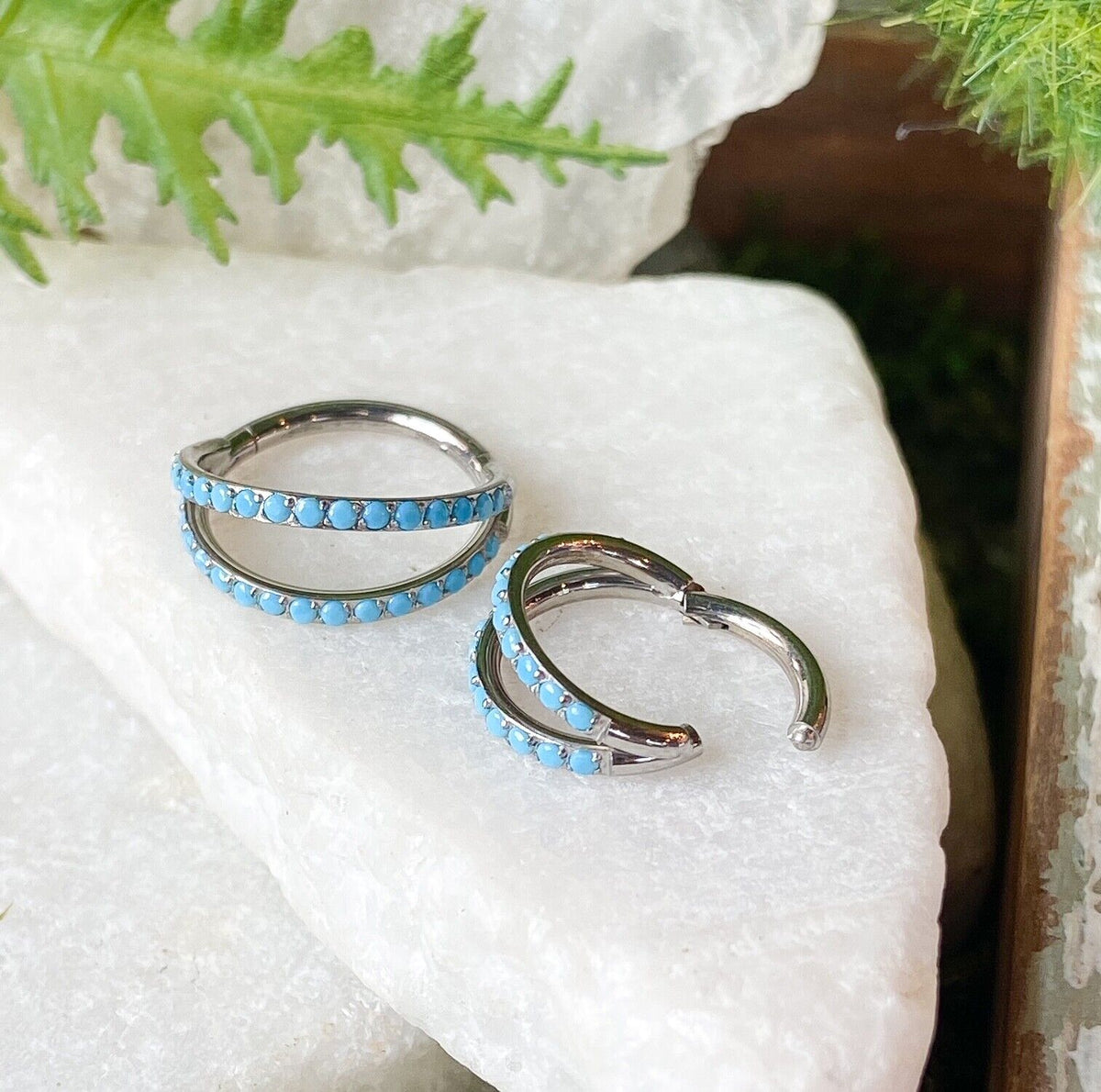 1pc Titanium Hinged Segment Ring Double Outer Turquoise Septum Hoop Helix Daith (Color: Silver)