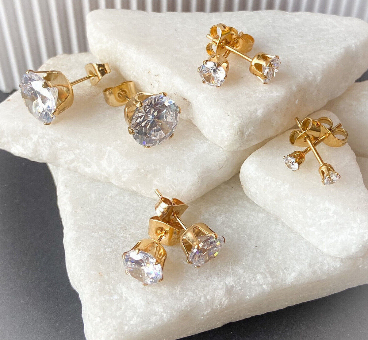 PAIR Gold Ion Plated Stud Earrings Prong Set Round Clear Gem 316L Surgical Steel