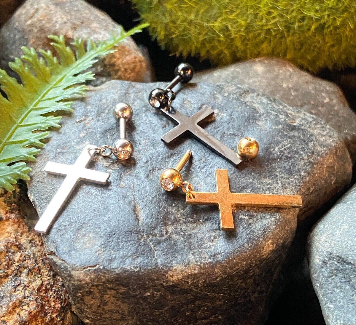 1pc Cross Dangle Tragus Stud Helix Cartilage Ring 16g 1/4"- choose your color