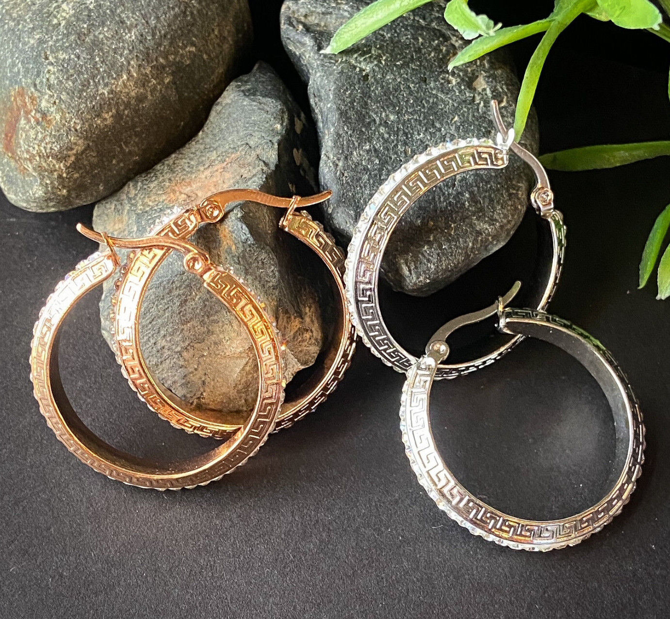 PAIR of Maze Hoop w/ Crystal Gem Paved Outer Rim Earrings 20g Stainless Steel