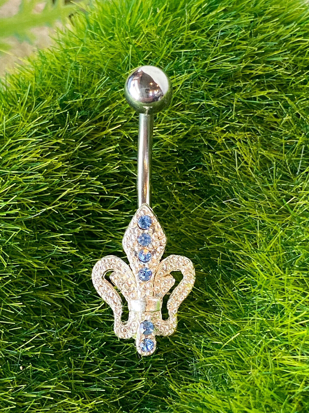 Fleur Paved W/ Blue & Clear Gems Belly Ring Navel Naval Fluer Piercing Pierced