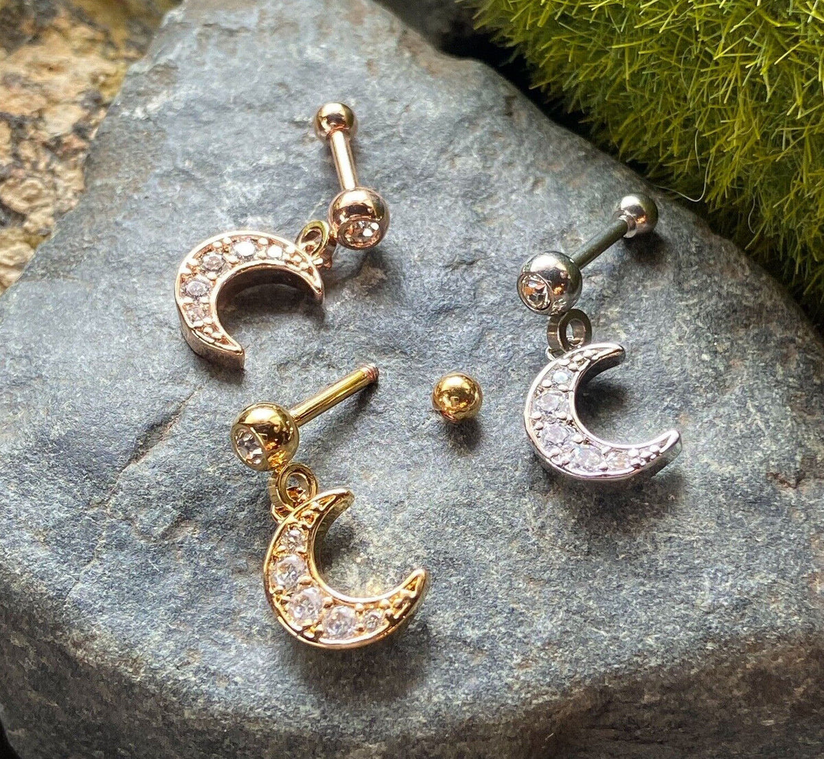 1pc CZ Gem Moon Dangle Surgical Steel Tragus Cartilage Barbell Ring 16g 1/4