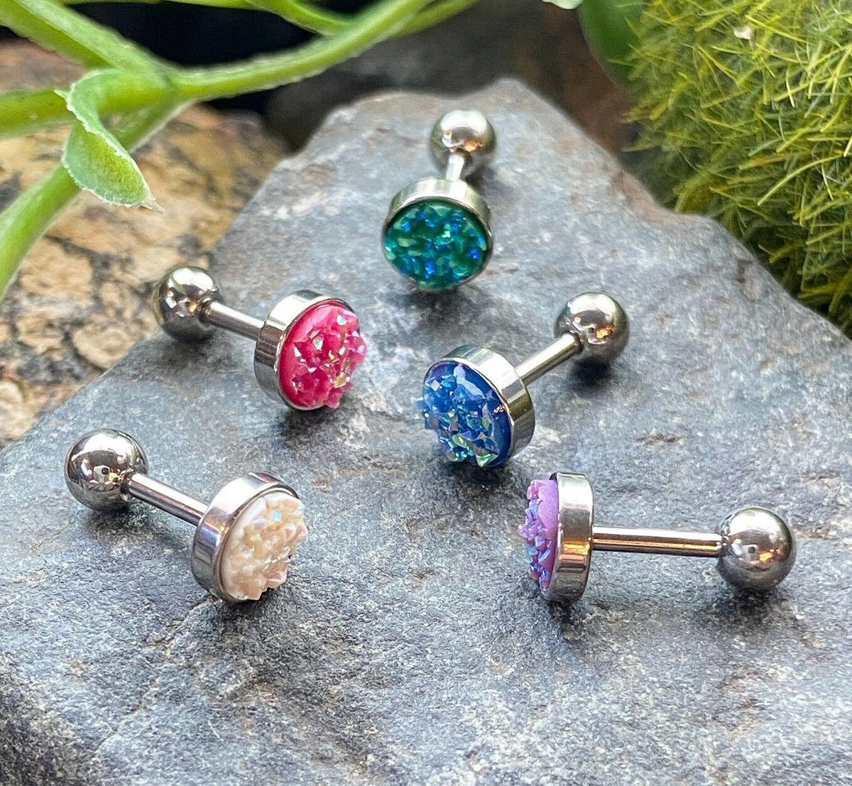 1pc Iridescent Druzy Stone Surgical Steel 16g Tragus Stud Ear Cartilage Ring