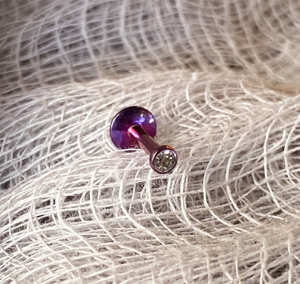 1pc Internally Threaded Tiny 2mm CZ Gem Titanium Labret, Monroe Stud Lip Ring (Color: Purple)