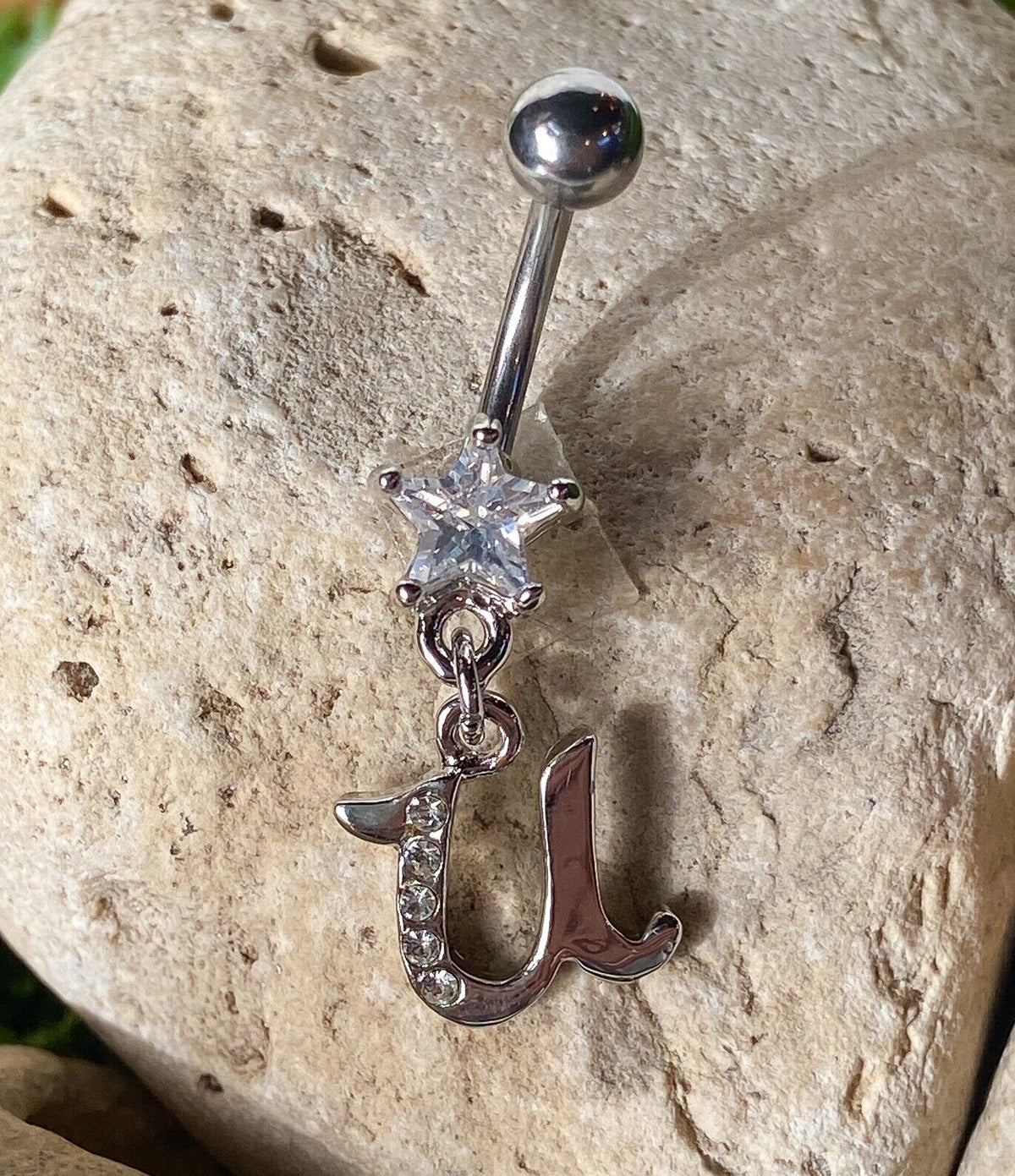 1pc Initial "Metro" Clear Gem Belly Ring Navel Pierced Naval Piercing Letter (Initial: U)