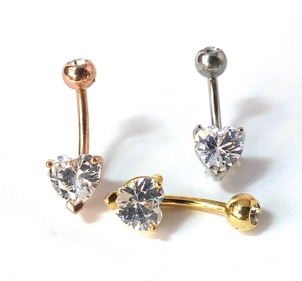 3pc Value Pack Heart Prong Set CZ Gem Gold Plated Steel Belly Rings Navel Naval (Gem Diameter: 7mm)