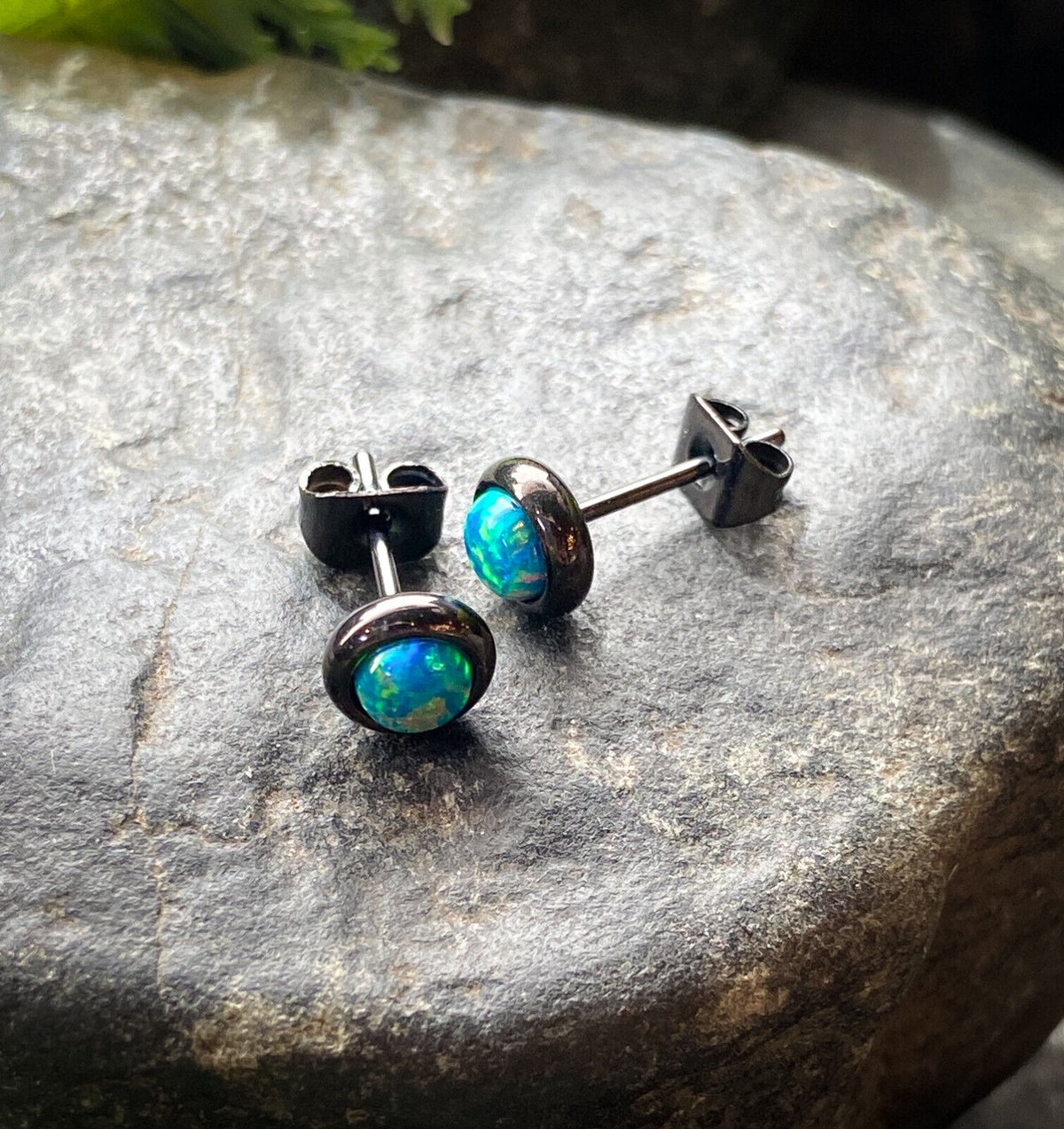 PAIR Bezel Set Opal 316L Surgical Steel Earrings - choose from 18 color combos! (Color: Green / Black)