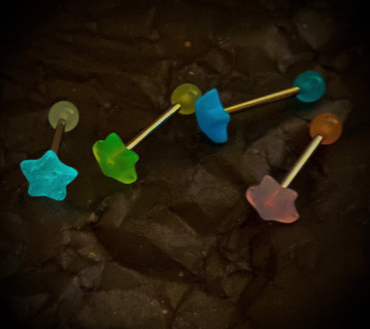 4pc Value Pack Glow in the Dark Star Steel Tongue Rings 14g Tounge Body Jewelry