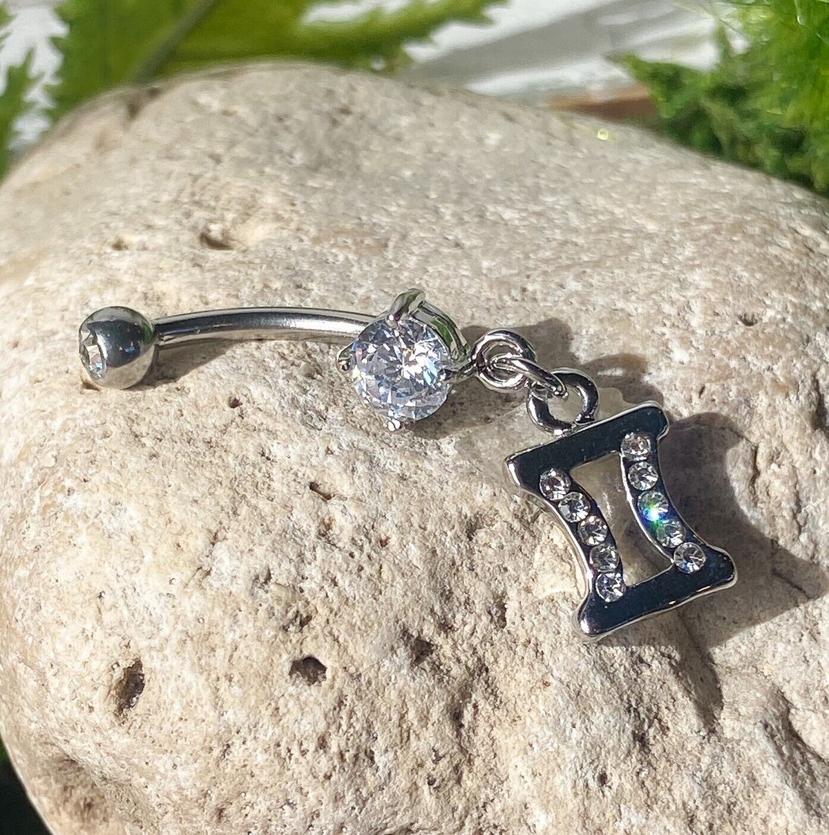 Zodiac Sign Paved CZ Gem Belly Ring Pierced Navel Astrology 14g Surgical Steel  (Sign: Gemini)