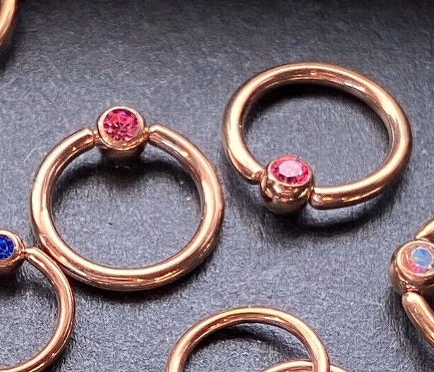 PAIR Rose Gold Gem Captive Bead Rings for Ears, Eyebrow, Septum, Nipples, etc (Gem Color: Pink)