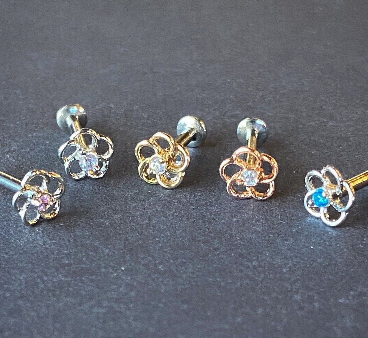 1pc CZ Centered Flower 16g Internally Threaded 1/4" or 5/16" Steel Labret Monroe