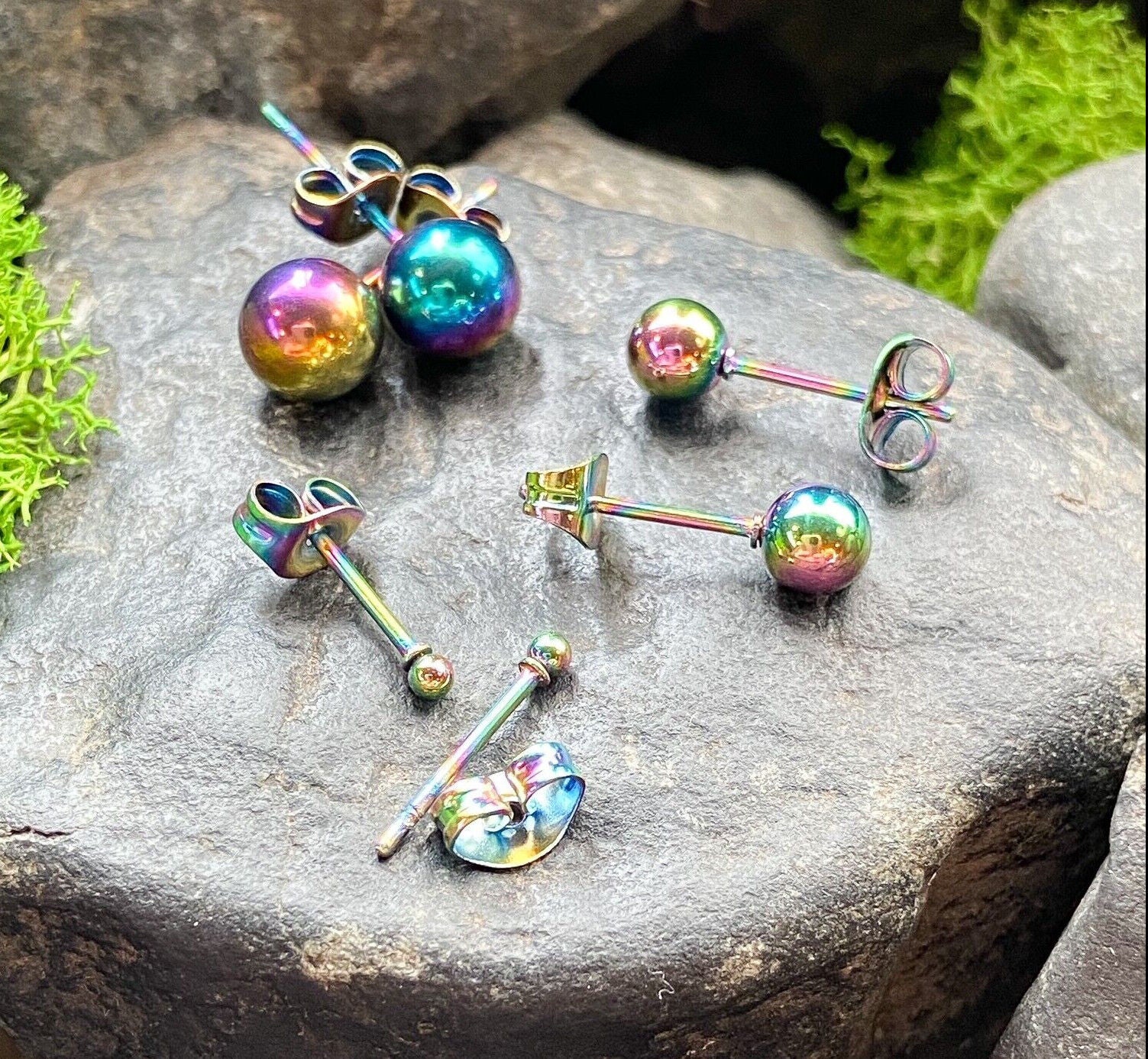 PAIR Hollow Ball Stud Earrings 316L Surgical Steel, choose color / ball diameter (Color: Multi-Color)