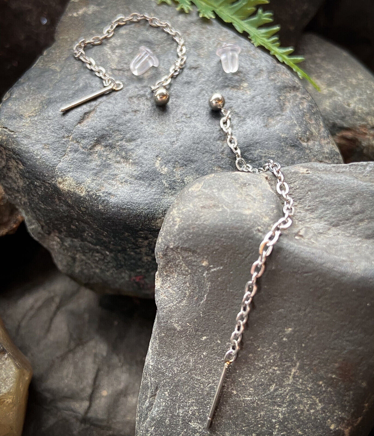 PAIR of Single Chain Free Falling Bar IP Stainless Steel 20g Earrings (Color: Silver)
