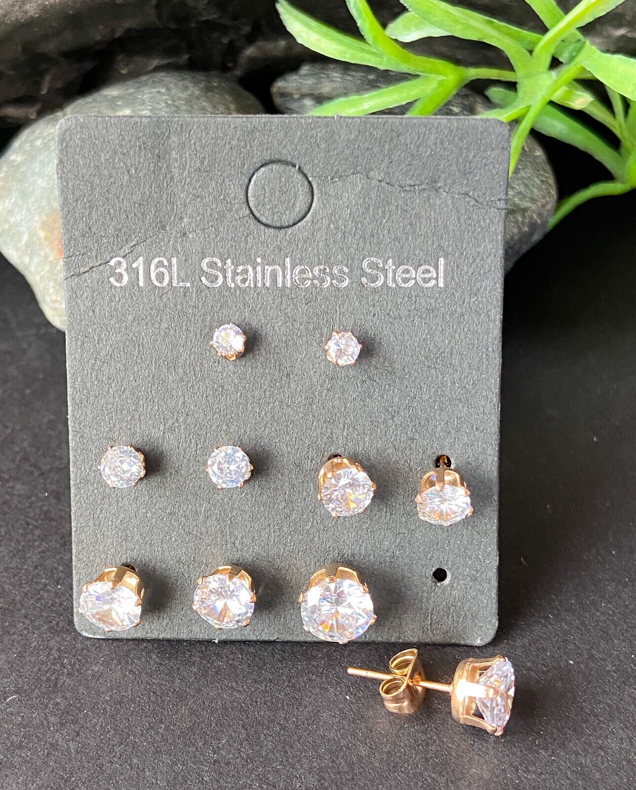 5 PAIR CZ Gem Stud Earrings 316L Stainless Steel retail / display peggable card (Color: Rose Gold/Clear)