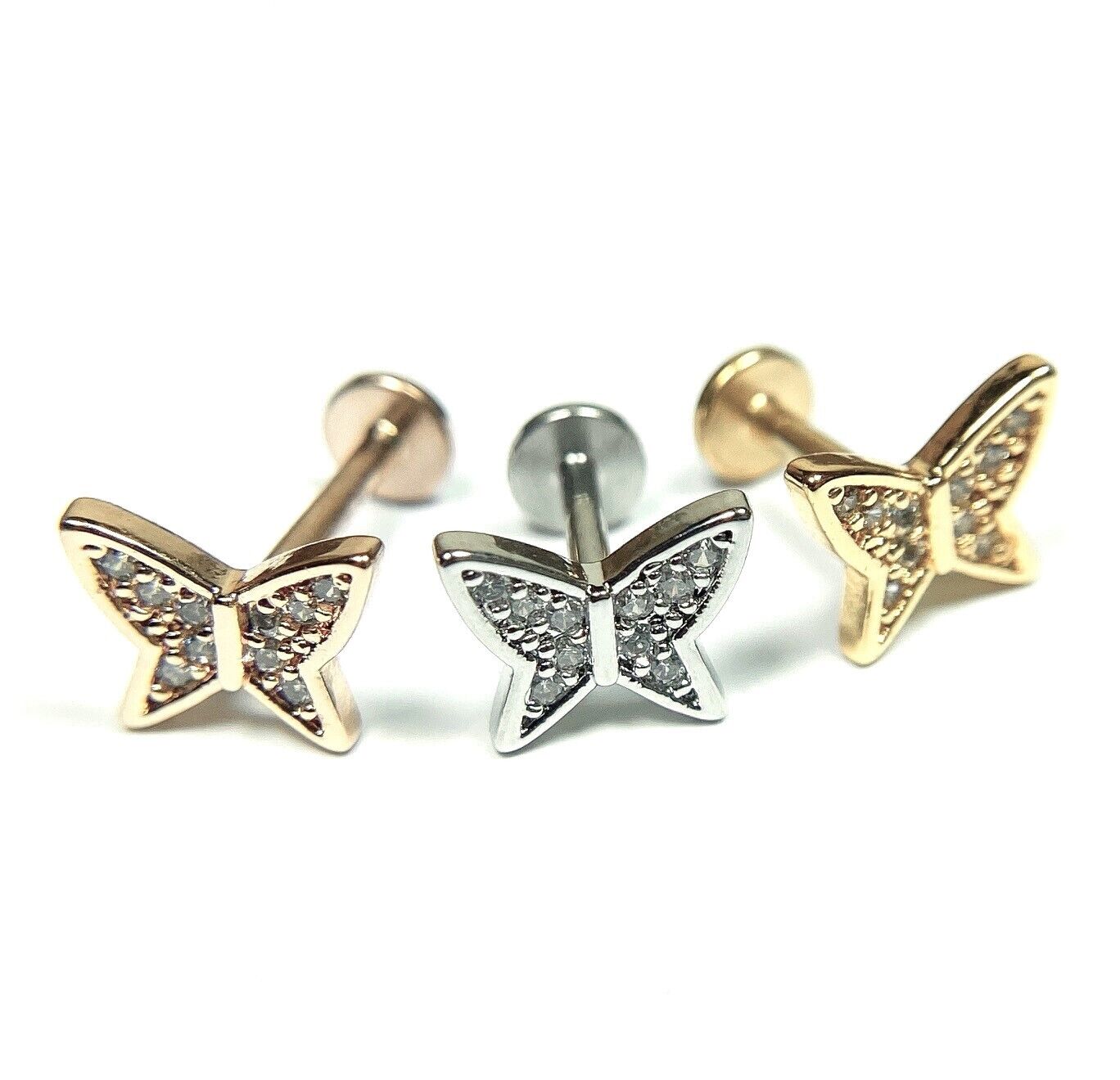 1pc CZ Paved Butterfly 16g Labret Internally Threaded Steel Monroe Tragus Helix