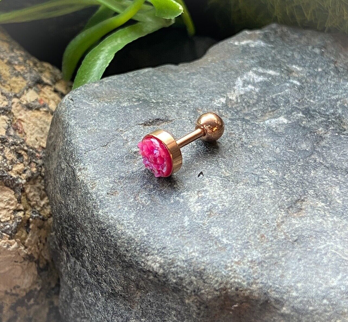 1pc Iridescent Druzy Stone Rose Gold Steel 16g Tragus Stud Ear Cartilage Ring (Color: Pink)