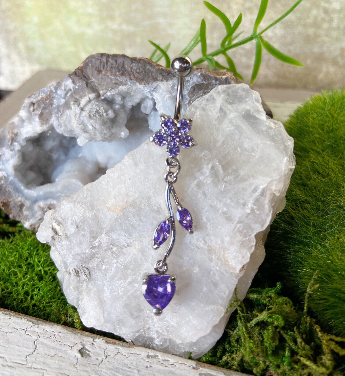 1pc Flower Vine Heart CZ Gems Belly Ring Navel Piercing Pierced Naval Jewelry (Color: Purple)