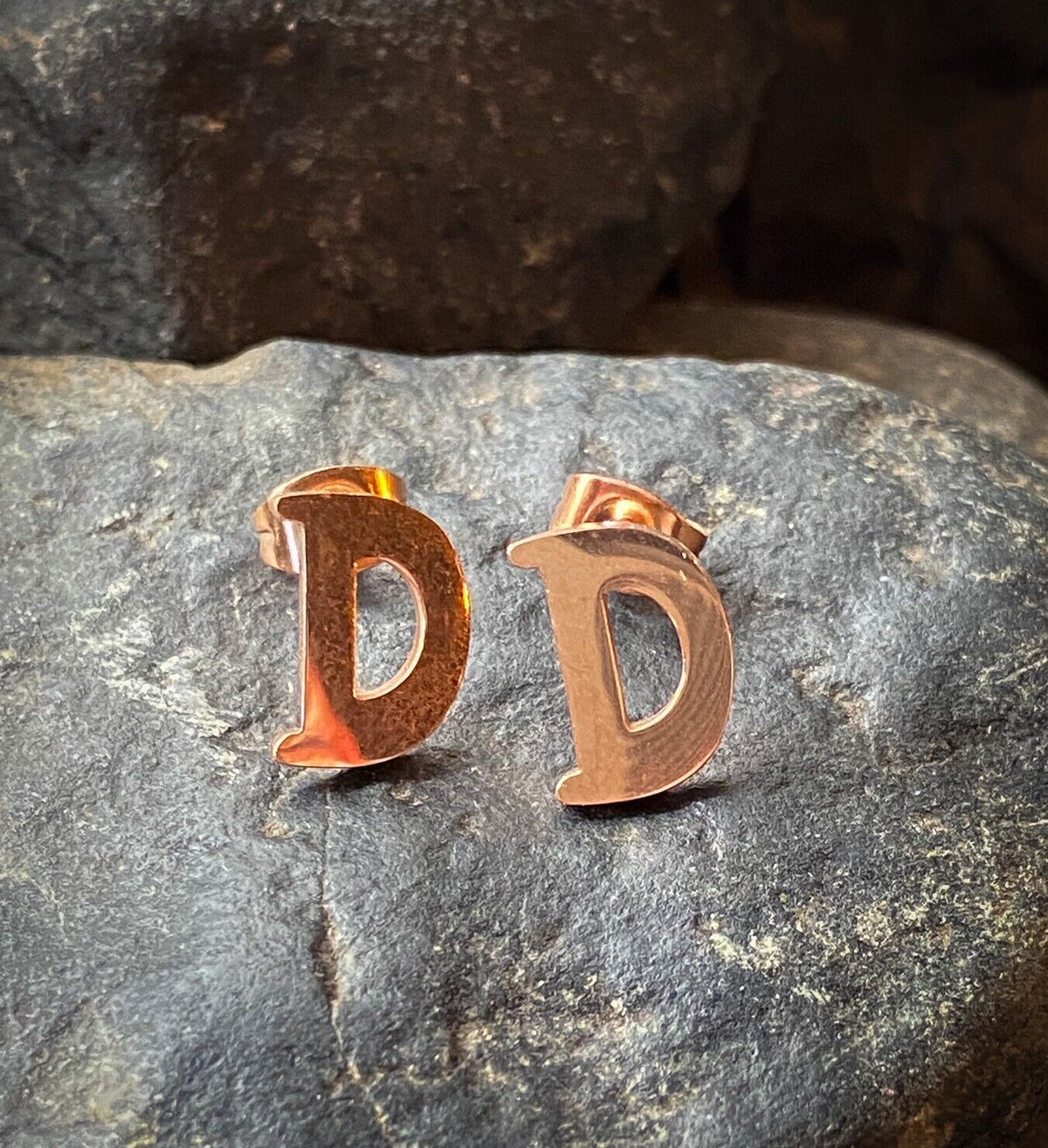 PAIR Rose Gold Plated Steel Initial / Alphabet 20g Earrings - A to Z available! (Letter: D)