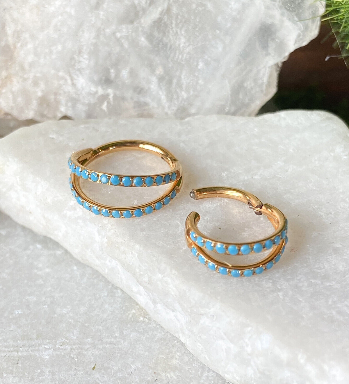 1pc Titanium Hinged Segment Ring Double Outer Turquoise Septum Hoop Helix Daith (Color: Gold)