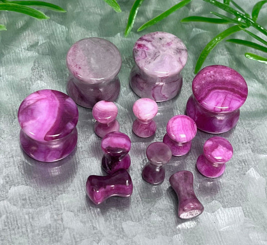 PAIR Fuschia Agate Stone Plugs Gauges Body Jewelry Pink Earlets Tunnels