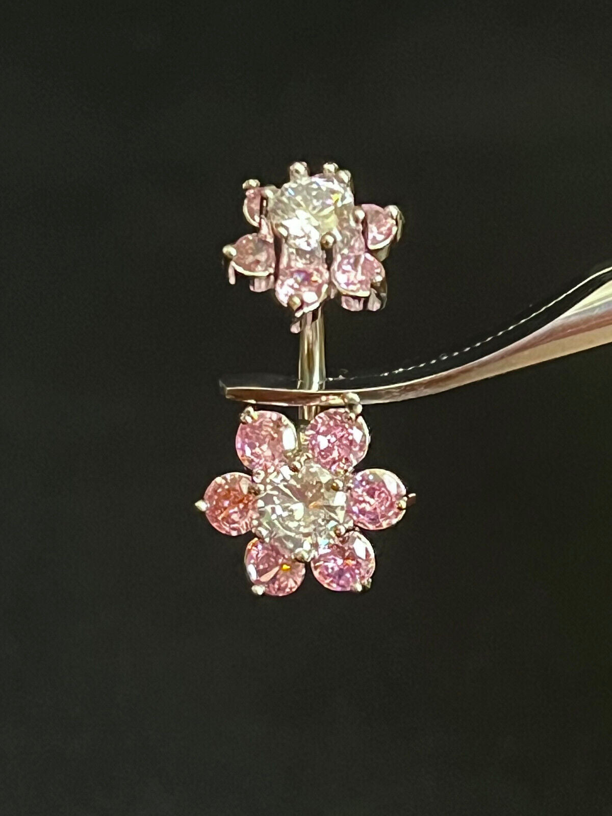 1pc Double 7 Gem Flower Internally Threaded Belly Ring Steel Navel Naval (Color: Pink/Clear)