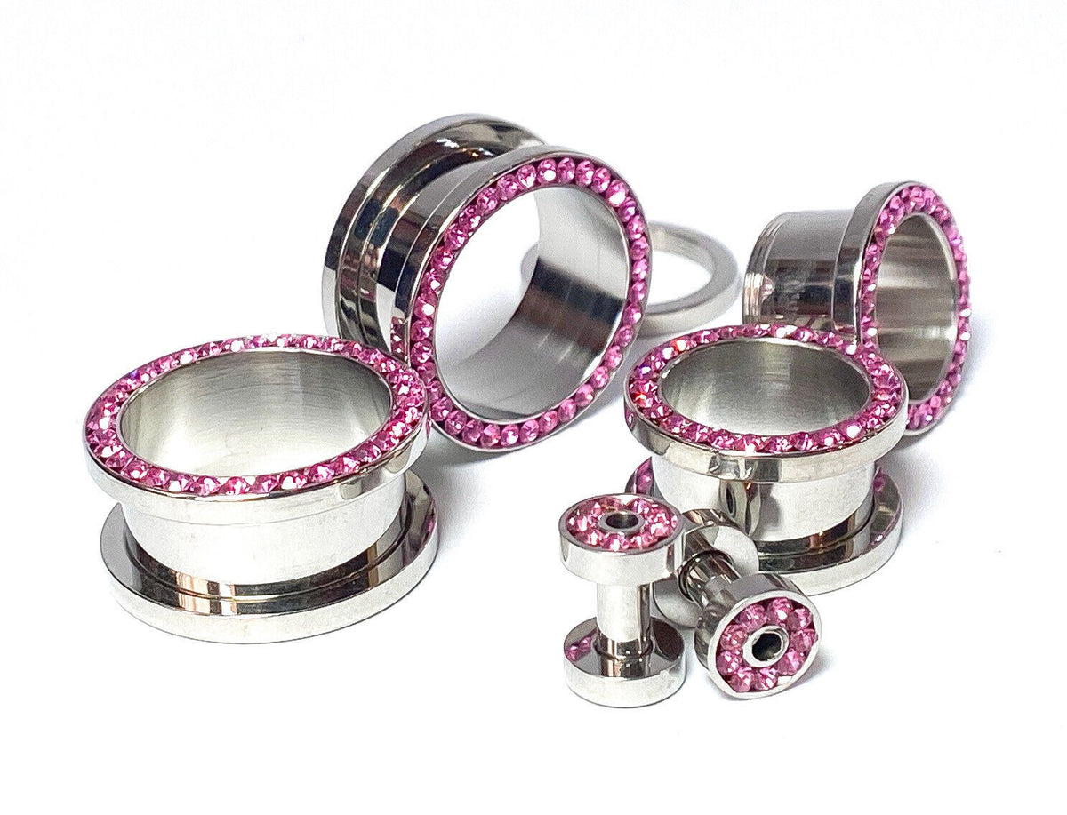 PAIR Pink CZ Gem Rimmed 316L Surgical Steel Screw Fit Tunnels Plugs Gauges