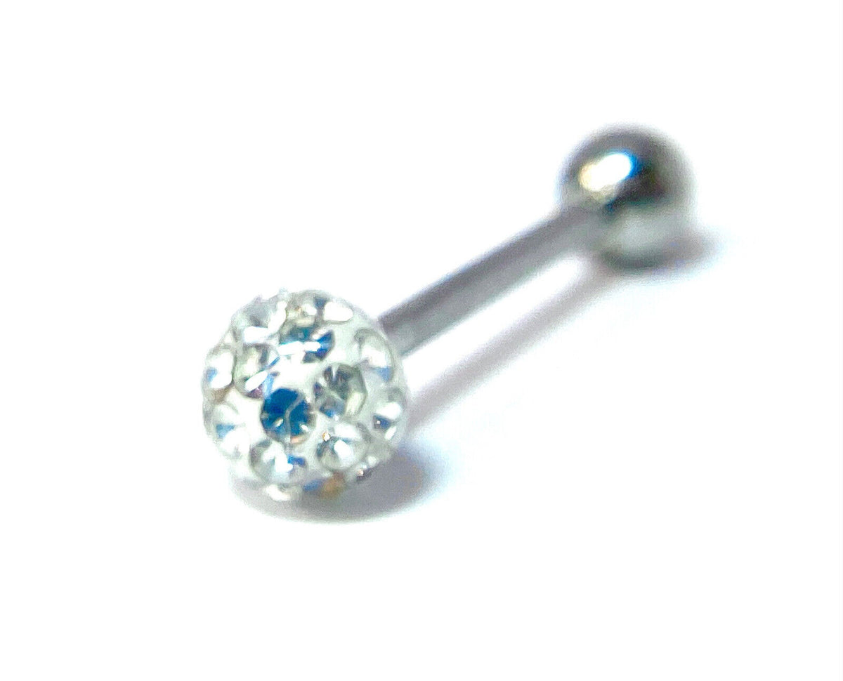 1pc Epoxy Coated Crystal Paved Ball Internally Threaded 16g Tongue Ring Barbell (Color: Clear)