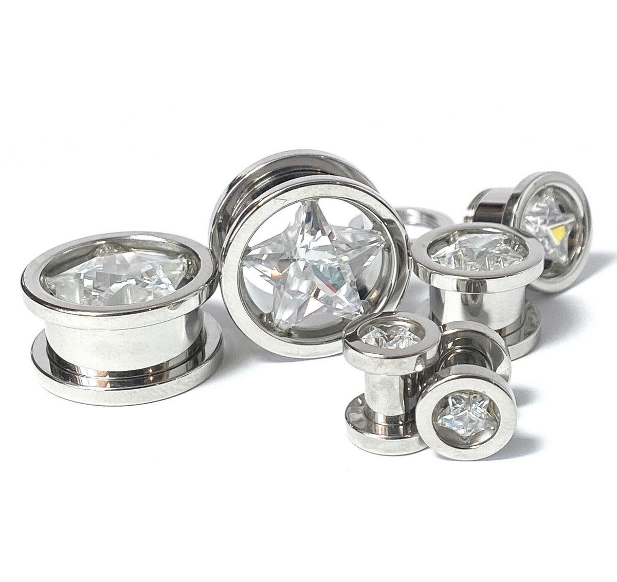 PAIR Star CZ Gem Screw Fit Tunnels Plugs Gauges Earlets Body Jewelry Piercing (Color: Clear)