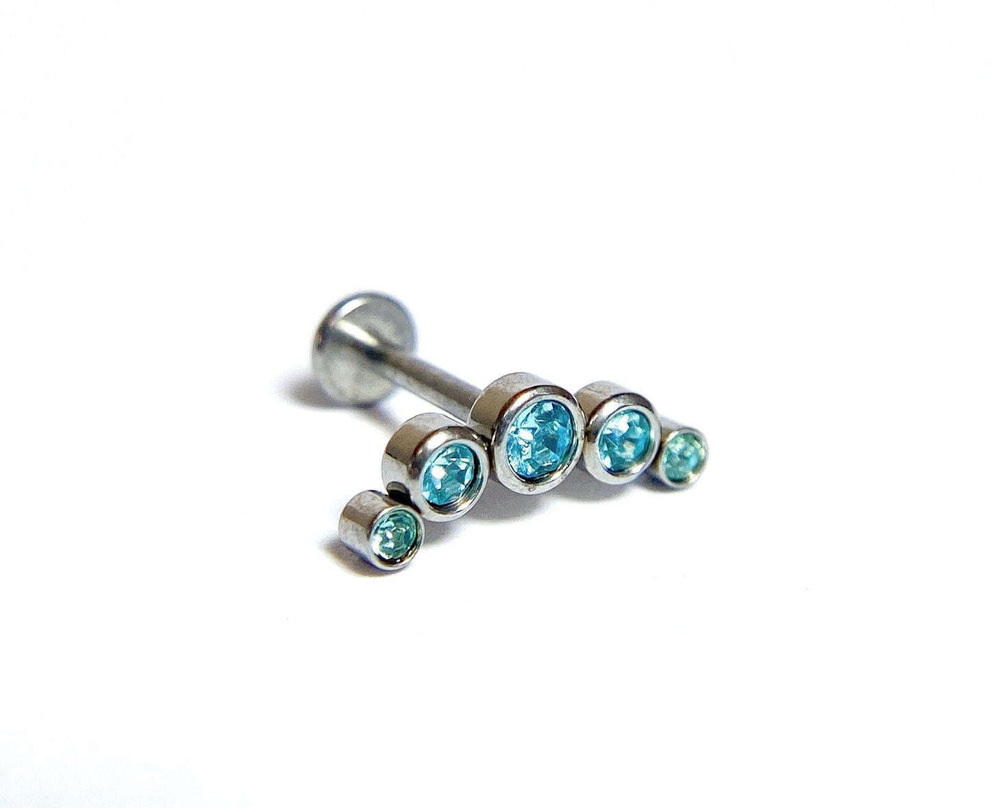 1pc Five CZ Gem Curve 16g Labret Internally Threaded Steel Monroe Tragus Helix (Color: Aqua)