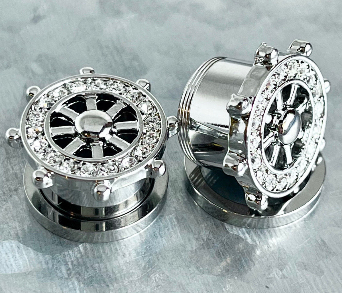 PAIR Steel Yacht / Ship Wheel Gem Paved Screw Fit Flesh Tunnels Plugs