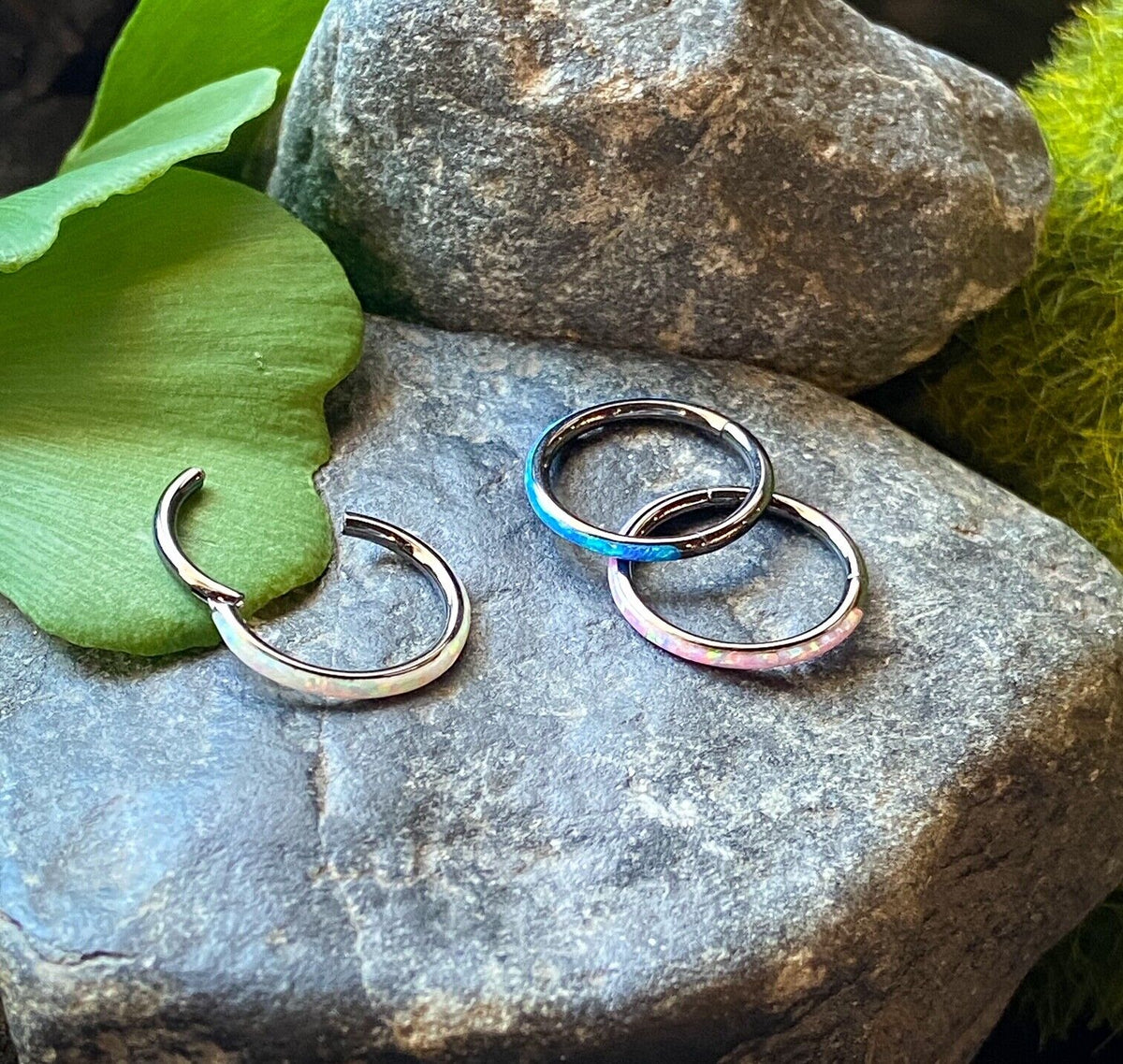 1pc Opal Outer Edge Hinged Segment Ring Septum Orbital Helix Ear Cartilage (Color: Black - White)