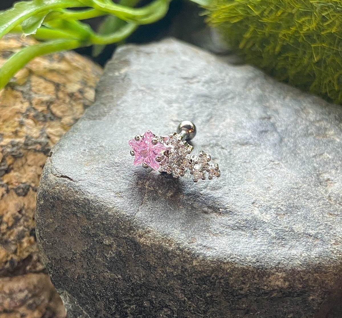 1pc CZ Clustered Shooting Star Tragus Helix Cartilage Ring 16g 1/4" (Gem Color: Pink)