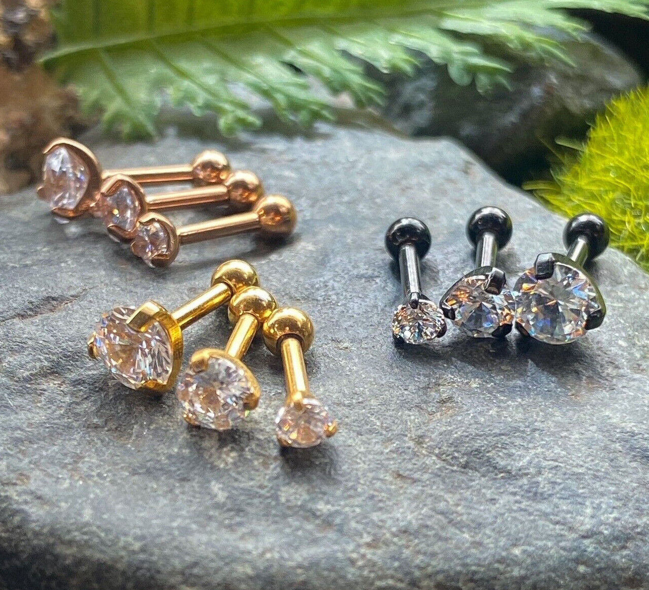 1pc Prong Set Gem Black, Yellow Gold or Rose Gold Tragus Cartilage Ring 16g 1/4"