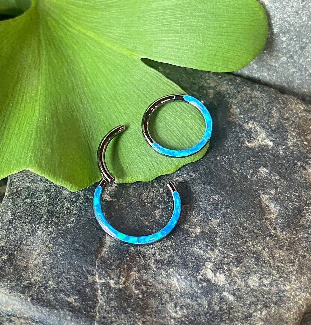 1pc Opal Front Edge Hinged Segment Ring Septum Clicker Steel Daith Hoop Jewelry (Color: Black - Blue)