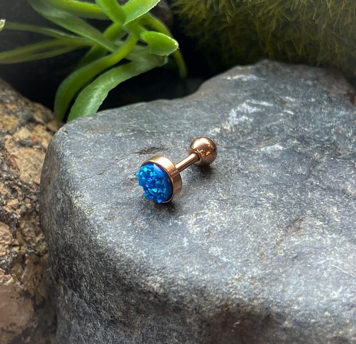 1pc Iridescent Druzy Stone Rose Gold Steel 16g Tragus Stud Ear Cartilage Ring (Color: Blue)