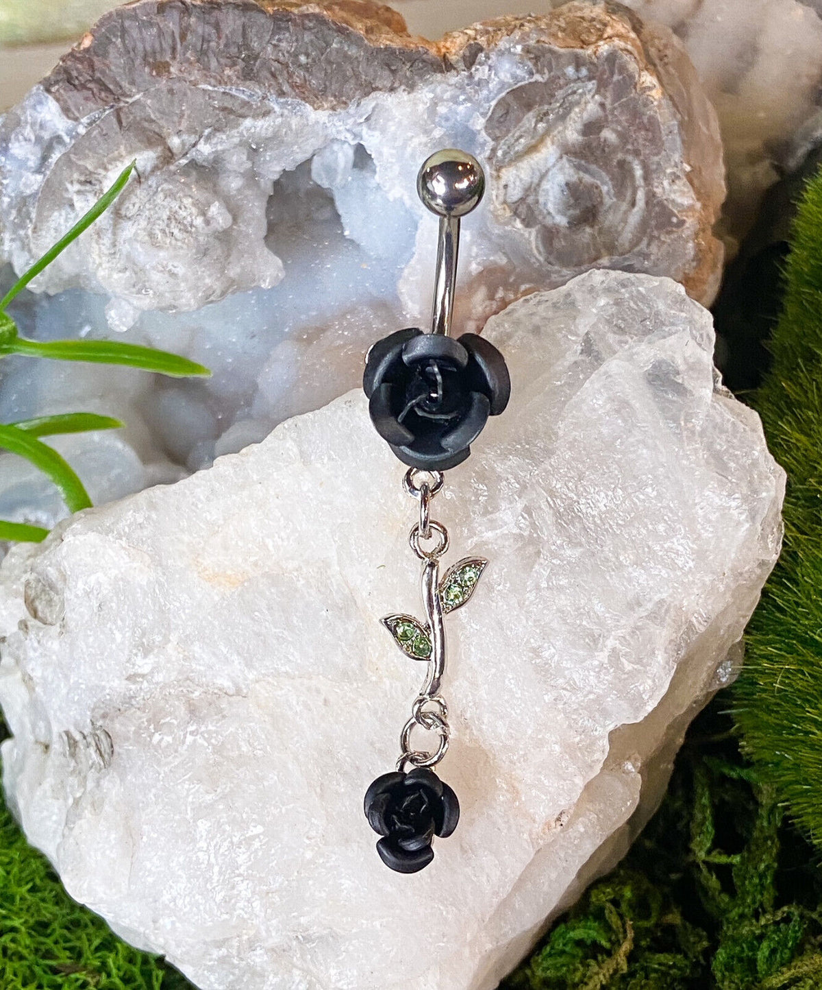 1pc Double Rose & Vine Belly Ring Navel Piercing Pierced Naval Flower Jewelry (Color: Black)