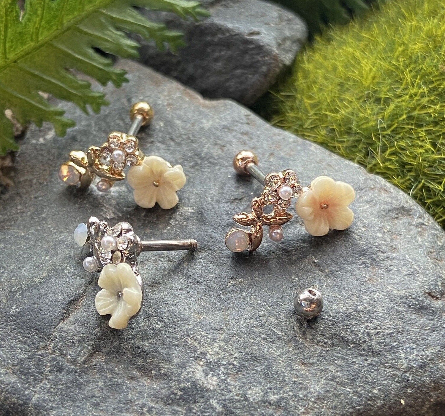 1pc Flower, Pearl, Opalite Gem Curve Tragus Cartilage Barbell Ring 16g 1/4"