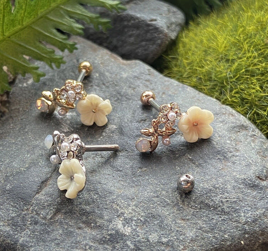1pc Flower, Pearl, Opalite Gem Curve Tragus Cartilage Barbell Ring 16g 1/4"