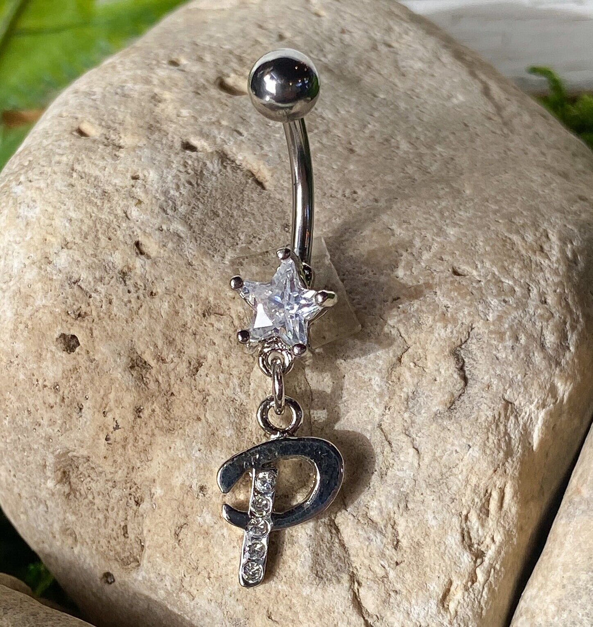 1pc Initial "Metro" Clear Gem Belly Ring Navel Pierced Naval Piercing Letter (Initial: P)