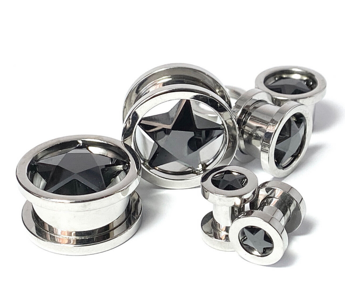 PAIR Star CZ Gem Screw Fit Tunnels Plugs Gauges Earlets Body Jewelry Piercing (Color: Black)