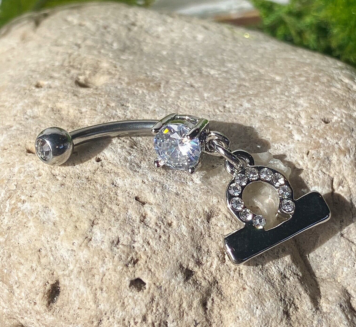 Zodiac Sign Paved CZ Gem Belly Ring Pierced Navel Astrology 14g Surgical Steel  (Sign: Libra)