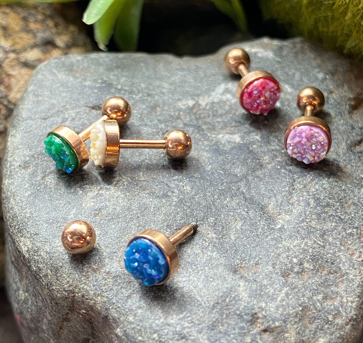1pc Iridescent Druzy Stone Rose Gold Steel 16g Tragus Stud Ear Cartilage Ring